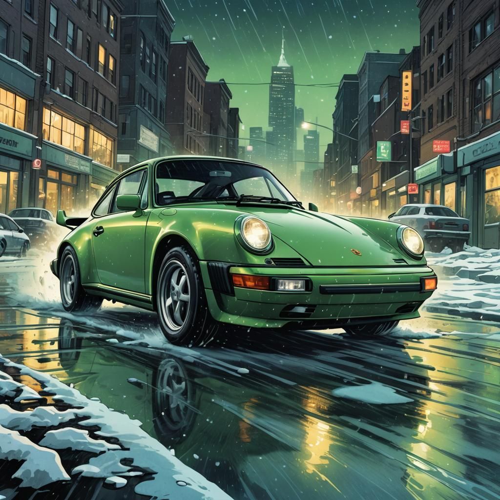 Porsche 911 Drifting in Snowy City, Comic Book Style