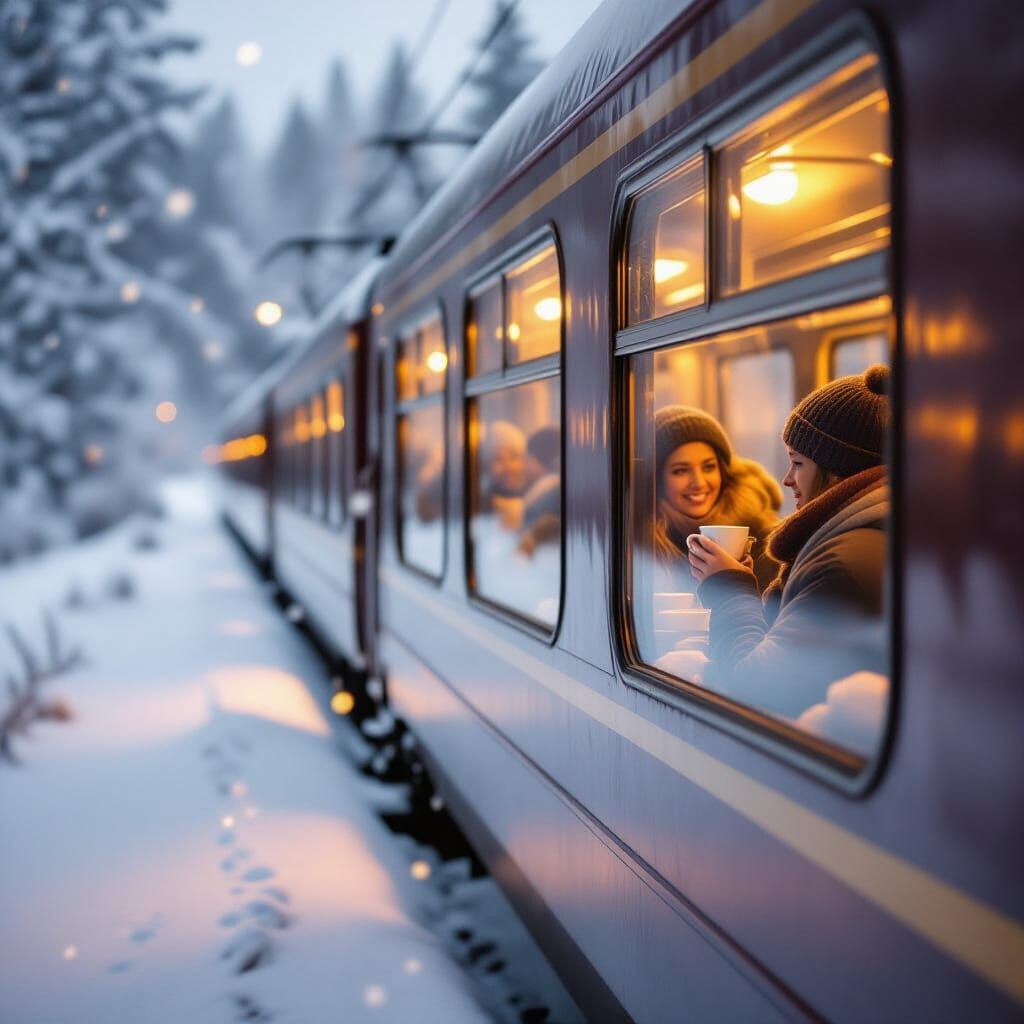 Cozy Winter Train Journey: Snowfall and Warm Light