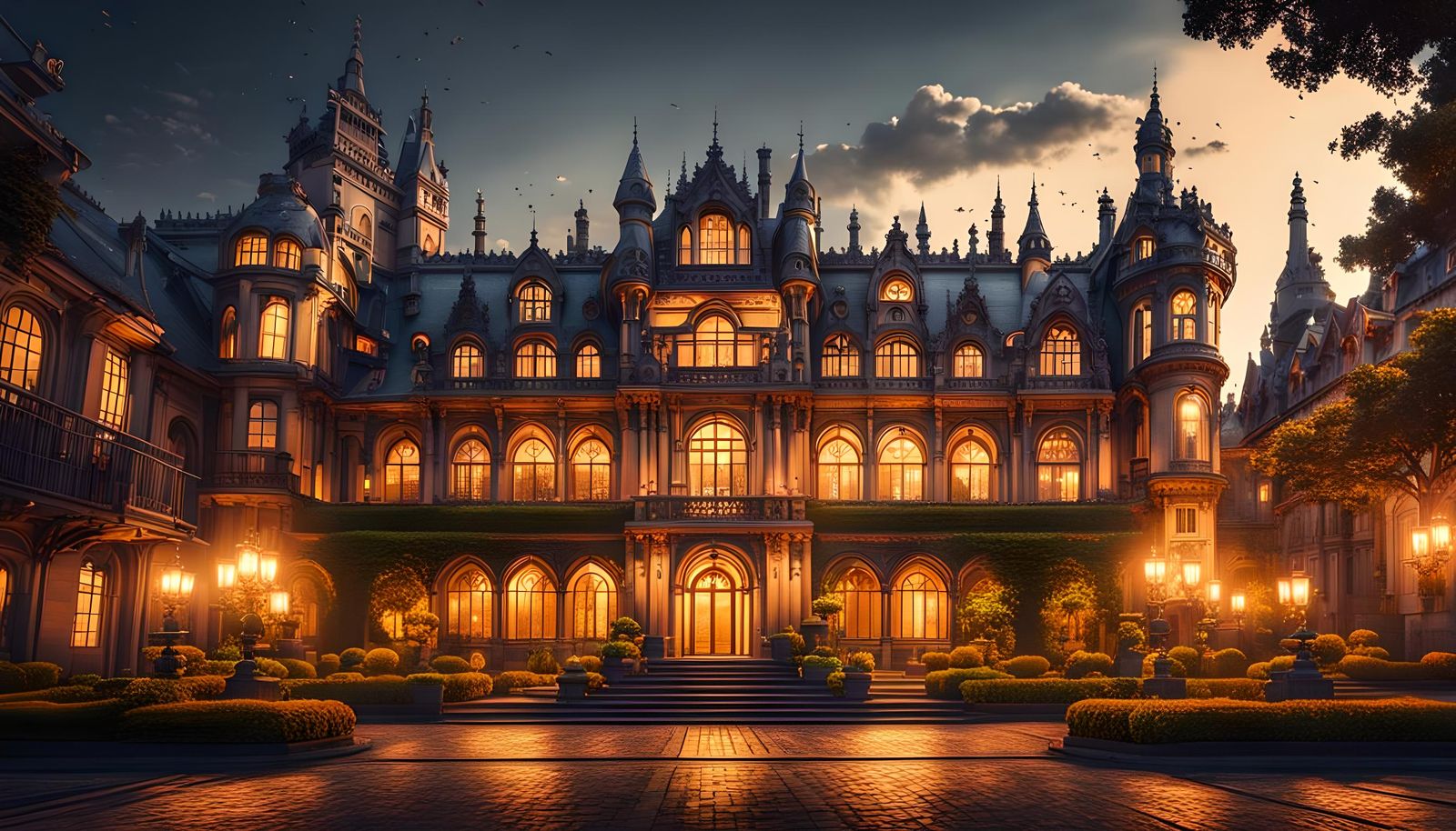 Gothic Cyberpunk Mansion at Twilight