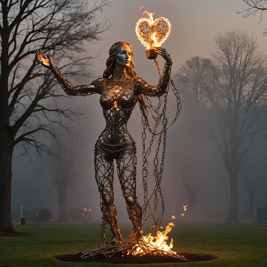 Monumental Wireframe Woman with Burning Heart Sculpture