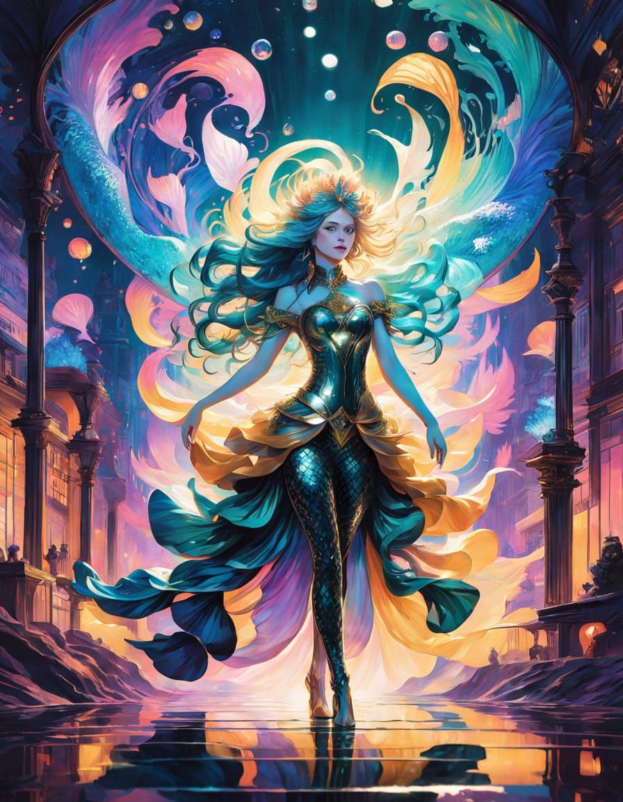 Ethereal Mermaid Warrior in Art Nouveau Style