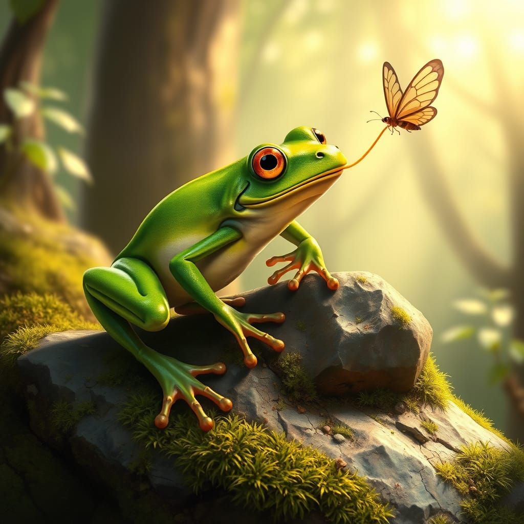 Frog Leaps in Vibrant Iridescent Green, Catching Delicate Bu...