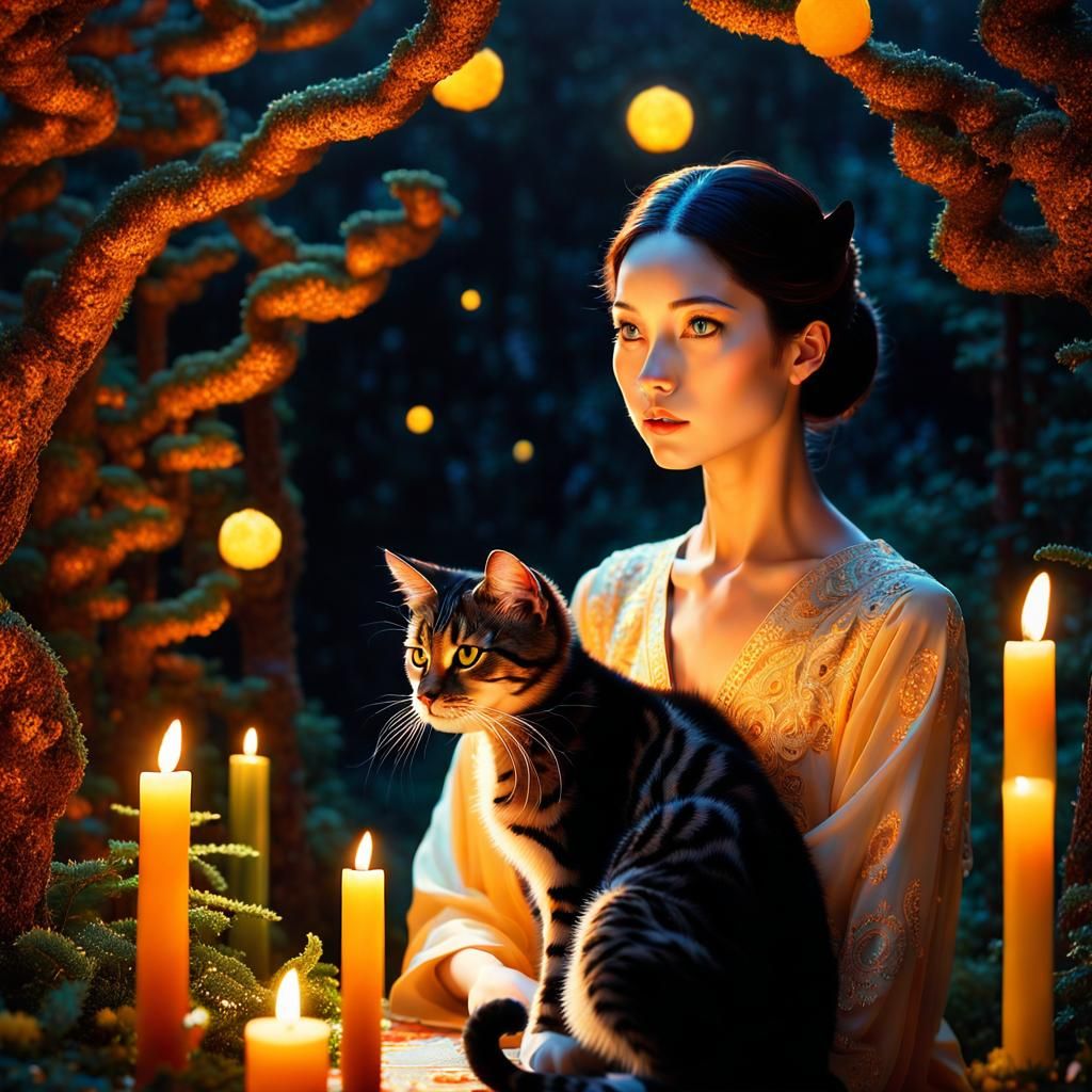 Sunset Cat-Woman in Forest, Art Nouveau Style