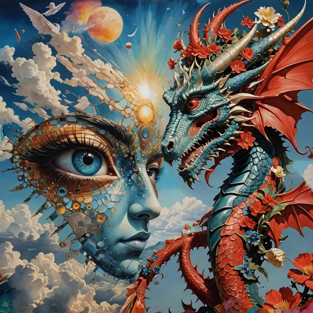 Surreal Cosmic Scene with Winged Creatures, Dalí Style