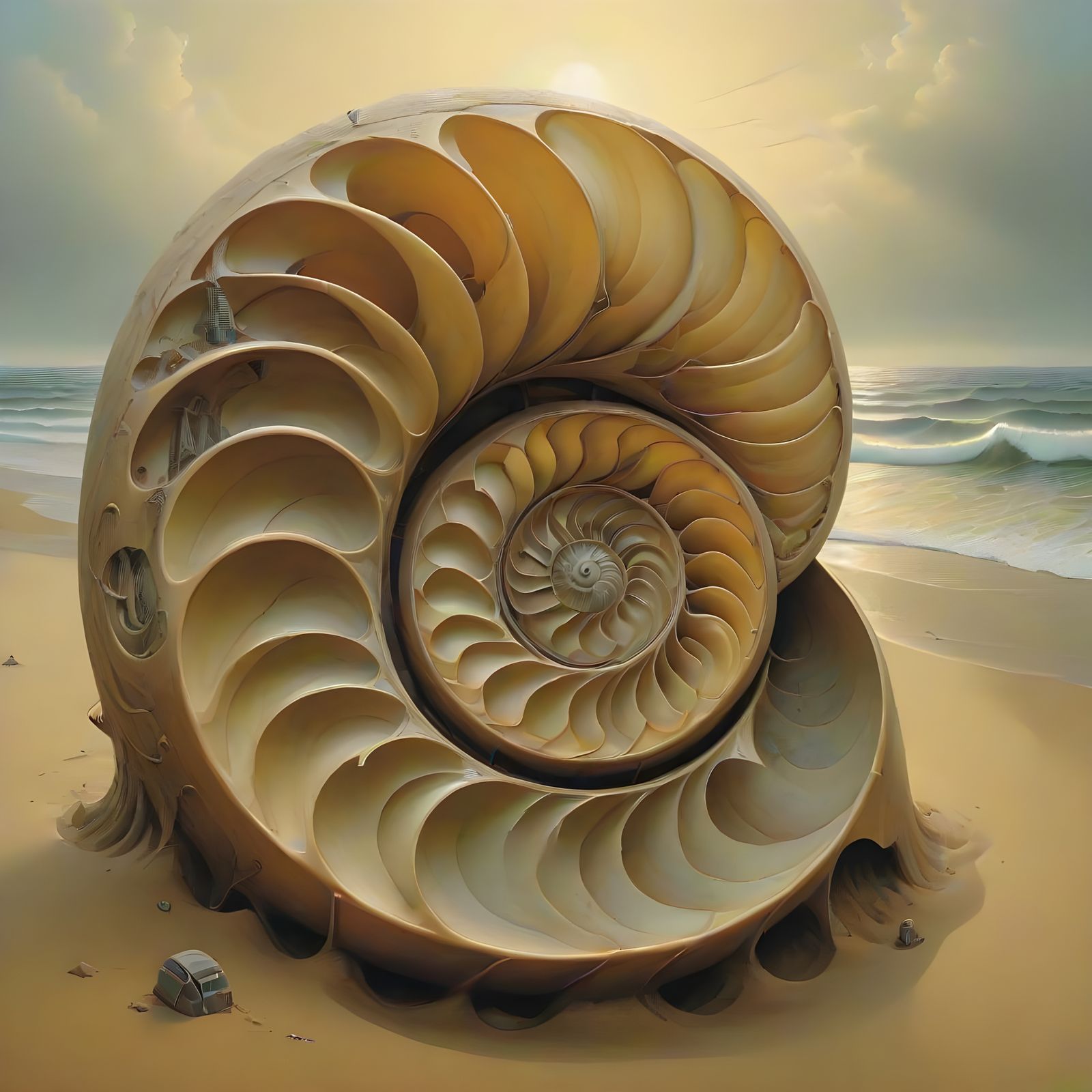 Intricate Nautilus Shell Unfolds on Beach Sand