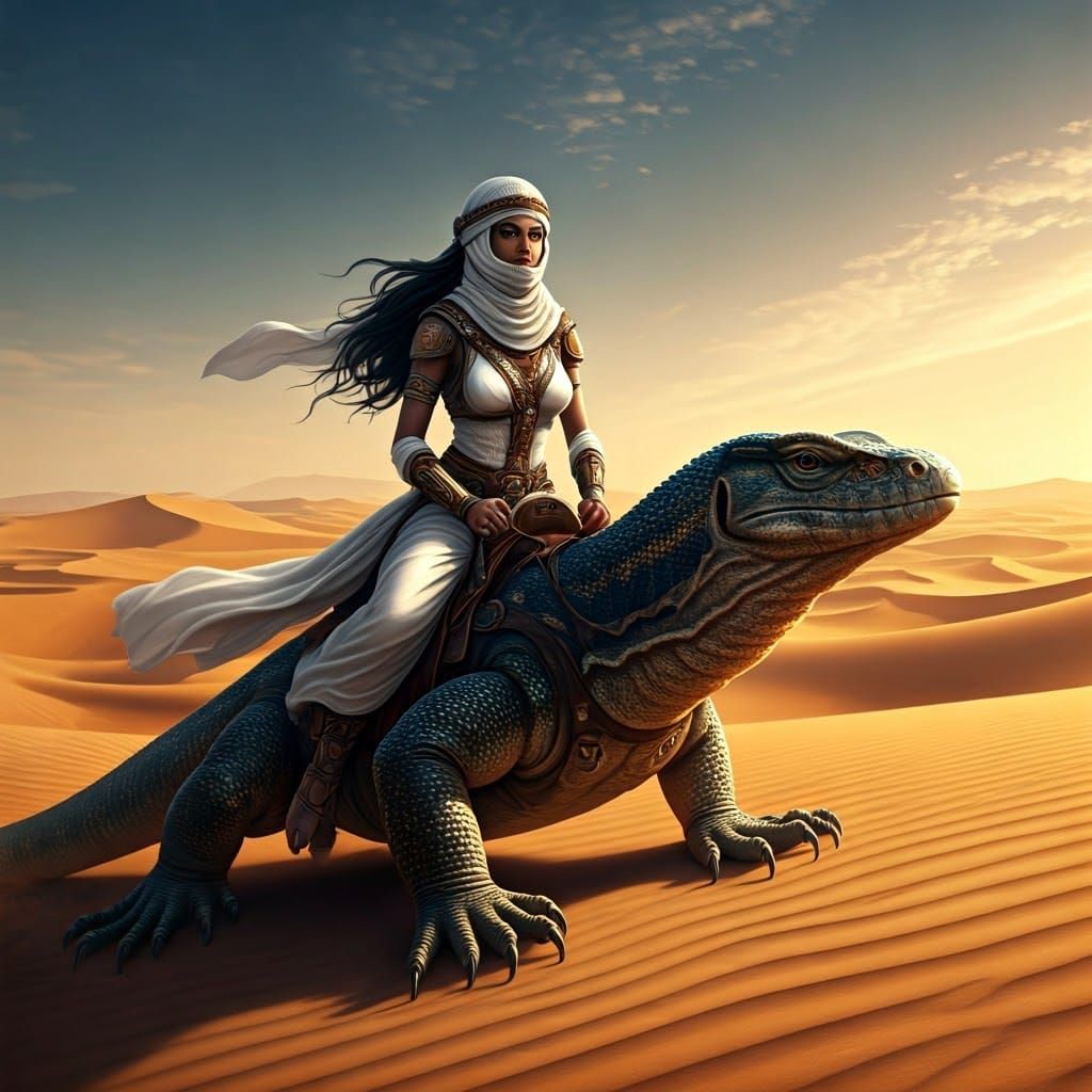Epic Desert Warrior Rides Scaled Lizard in a Frazetta-Inspir...
