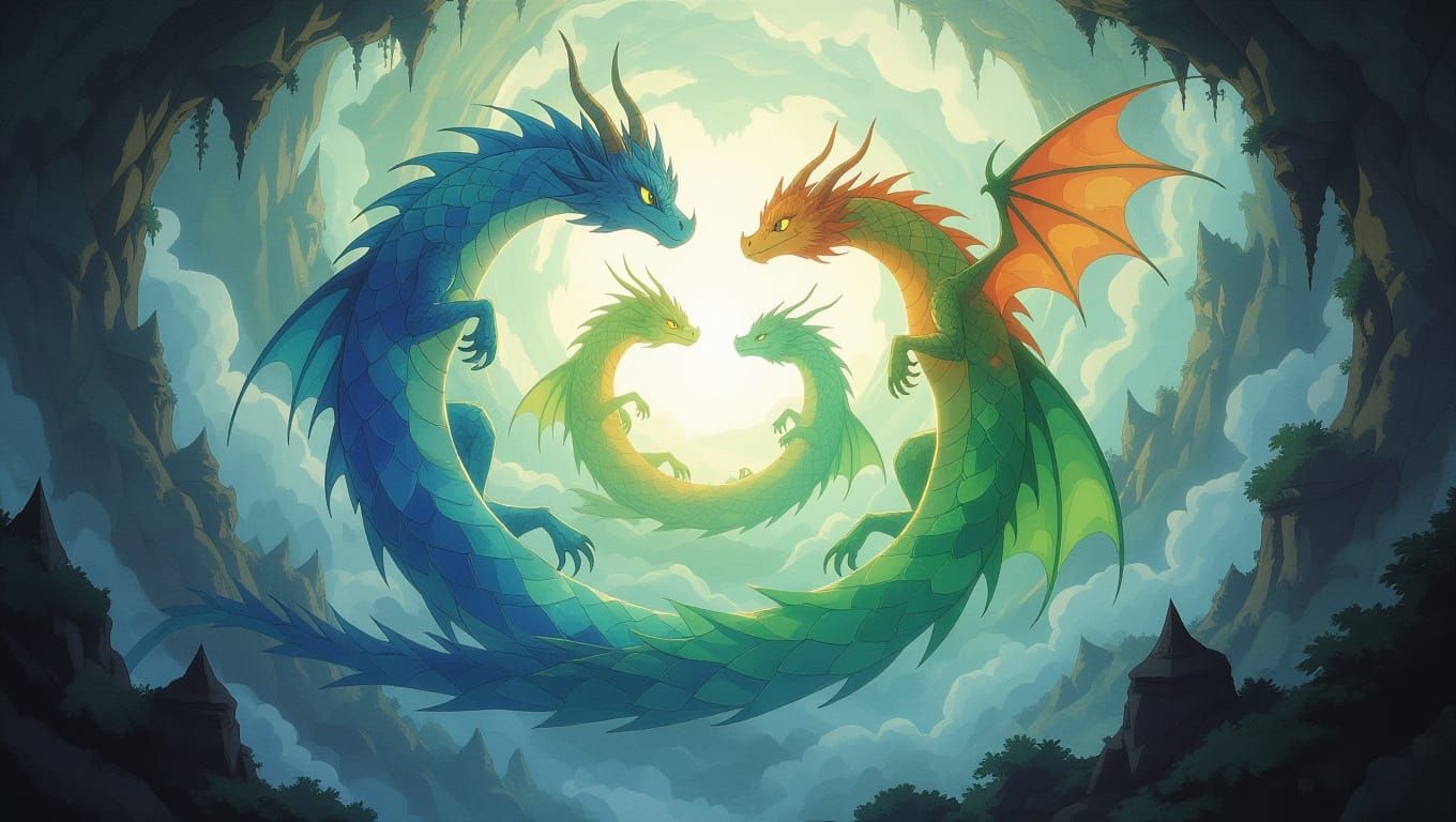 Celestial Serpentine Dragons in a Whimsical Realm
