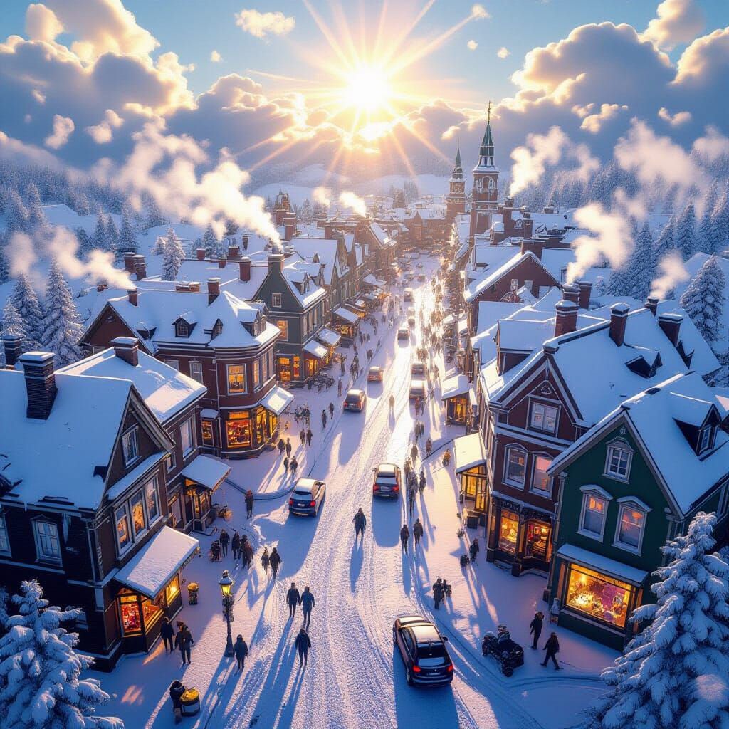 Holiday Snow Town Cinematic View with Graffiti Art