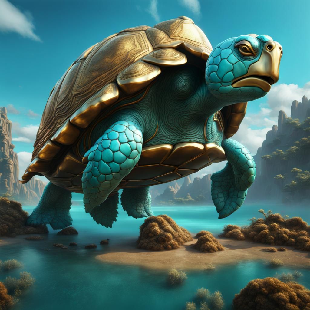 Giant Turquoise Turtle with Gold Shell: Fantasy Art