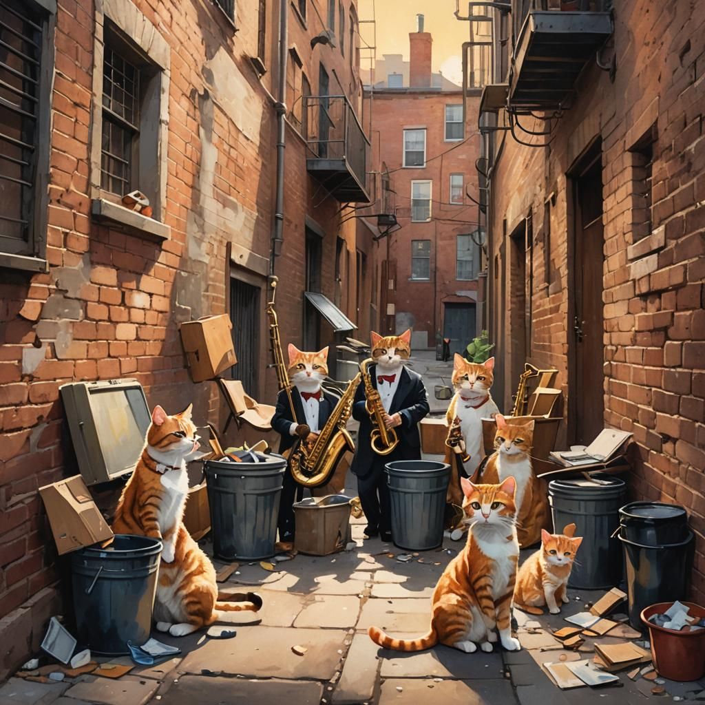 Cats Playing Jazz in Alleyway, Whimsical Illustration