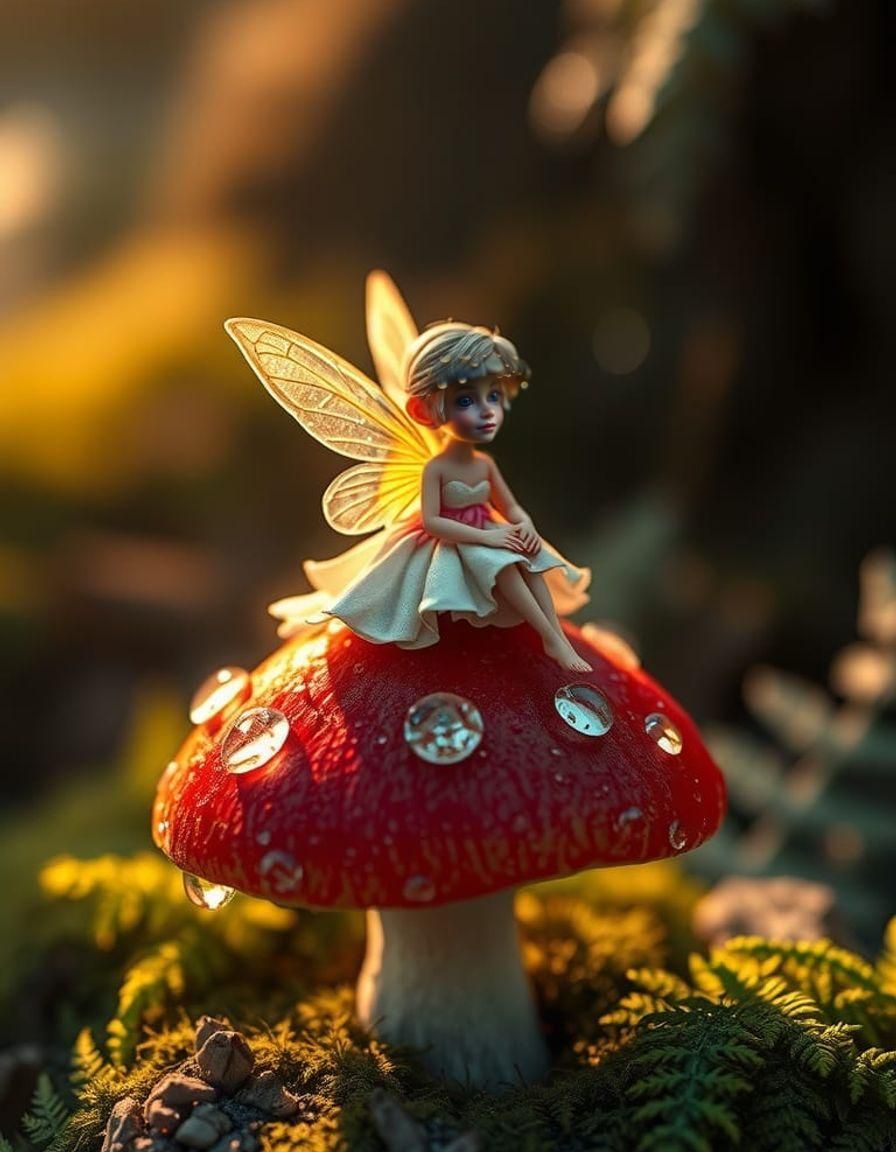 Tiny Fairy on Mushroom in Macro Photograph