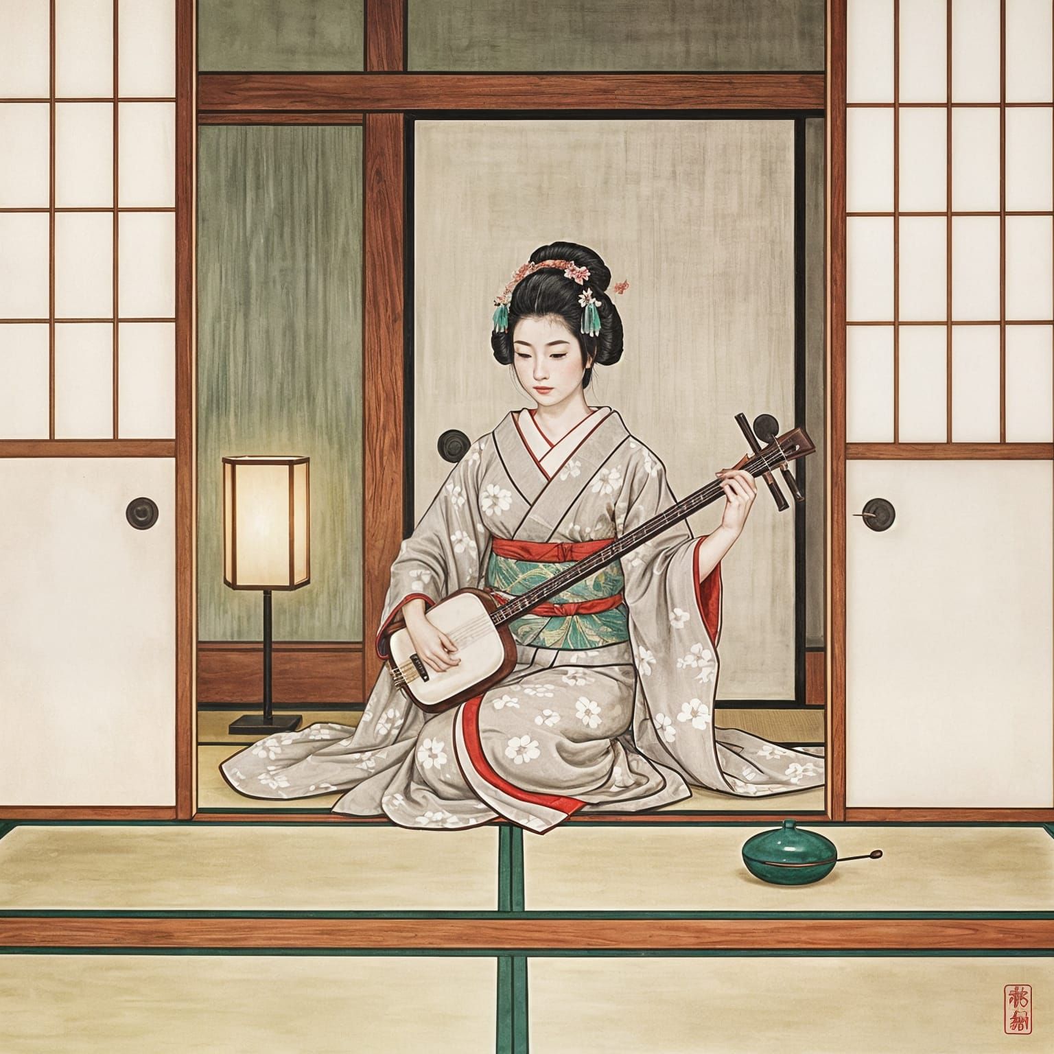 Geisha Playing Music in Serene Asian Interior Painting