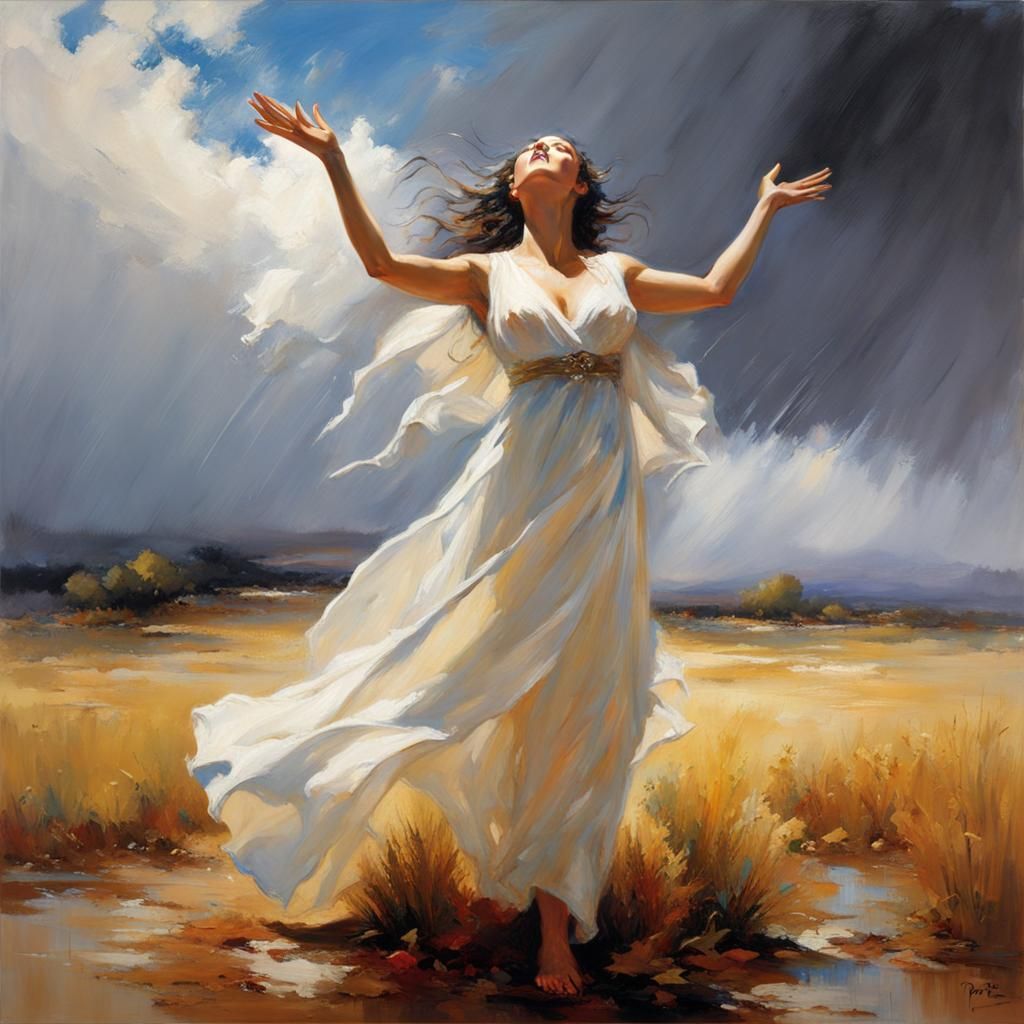 Woman Welcoming Rain in Hyper-Realistic Style