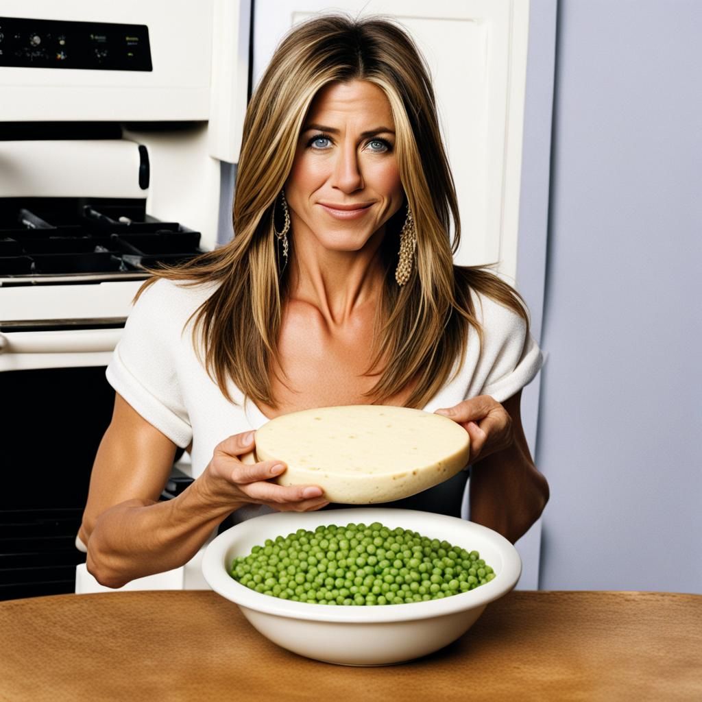 Jennifer Aniston with Cheese and Peas