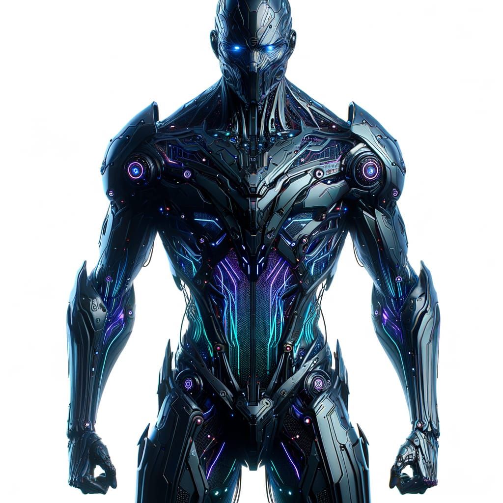 Cybernetic Warrior in Dark Armor with Glowing Neon Accents