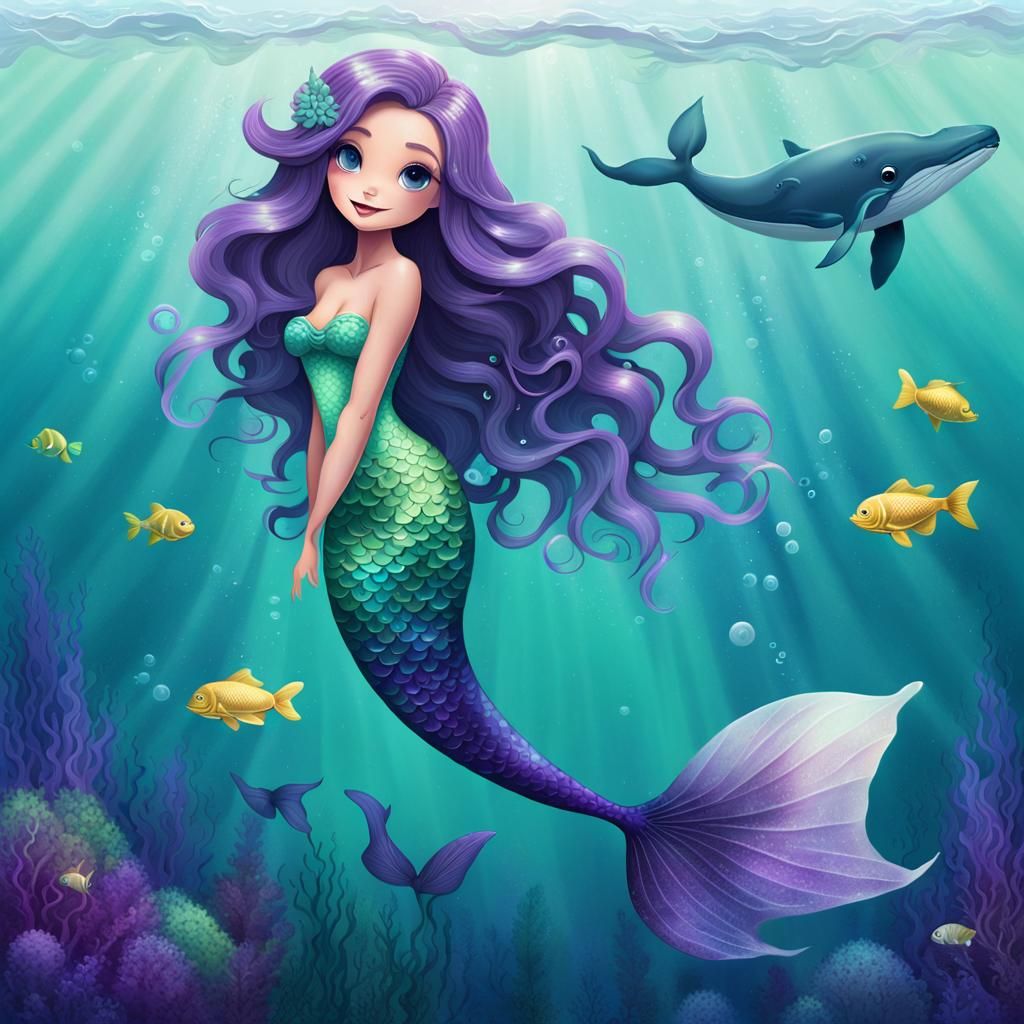 Cute Mermaid Flat Illustration with Ocean Scene