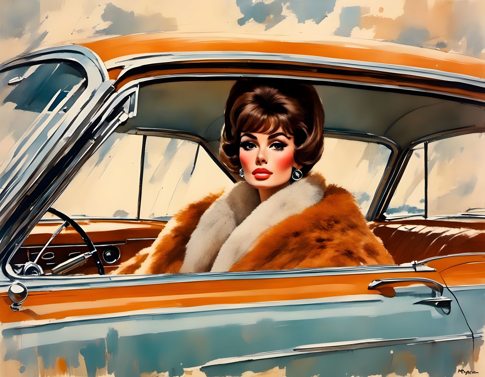 1950s Woman in Fur Cape in Art Deco Car