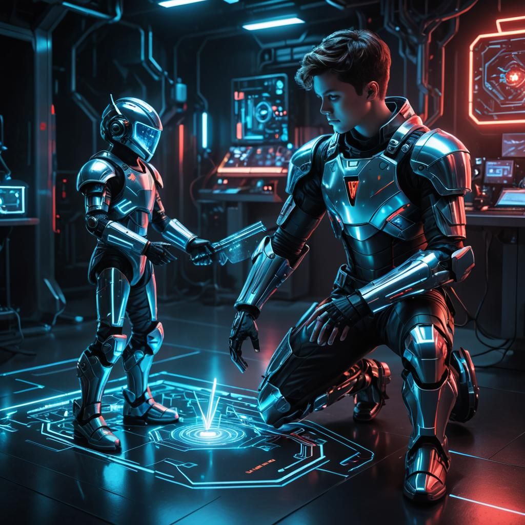 Boy Plays with Holographic Knight in Futuristic Lab