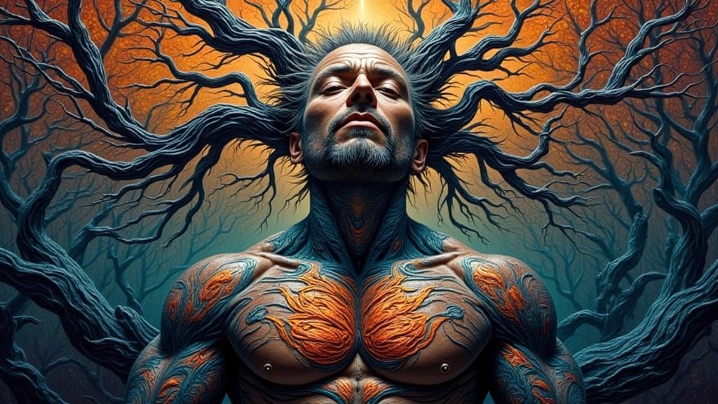 Biomechanical Android Yoga with Rainbow Moss in Dark Fantasy