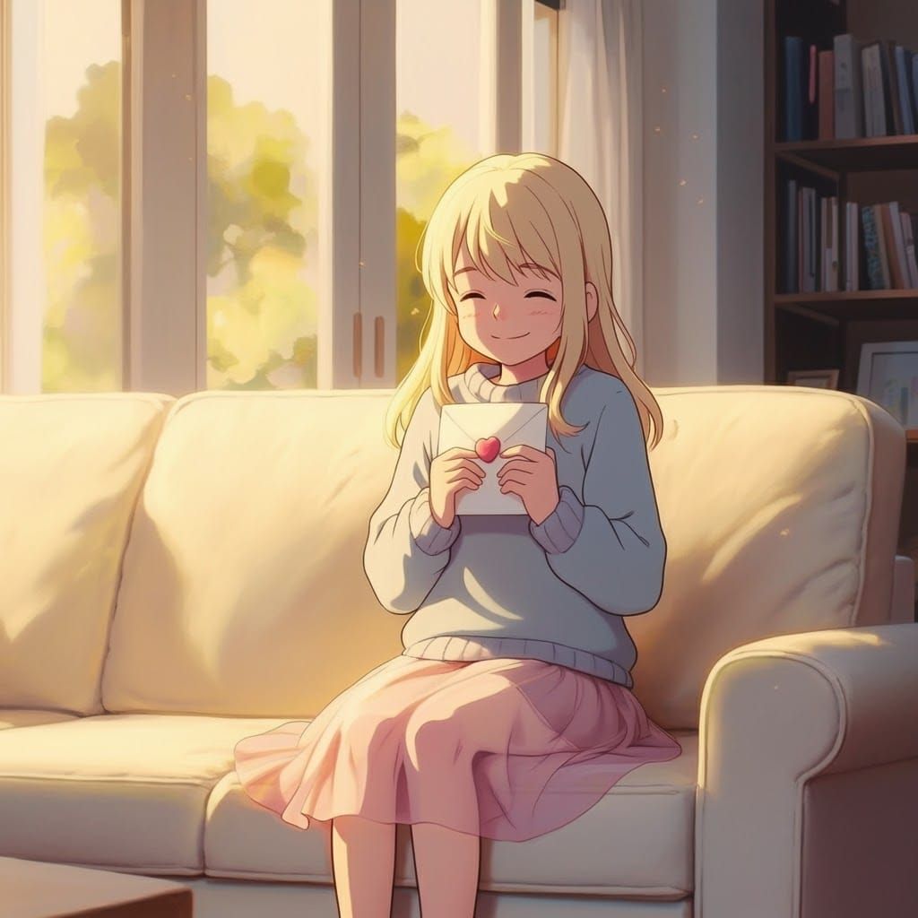 Blonde Girl with Letter in Anime Style Interior