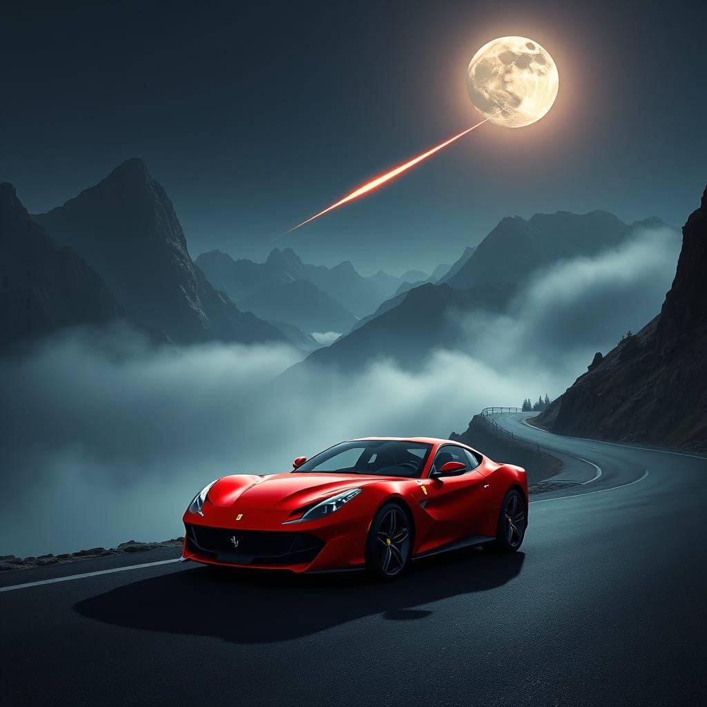 Scarlet Ferrari 812 Superfast on a Cosmic Mountain Road