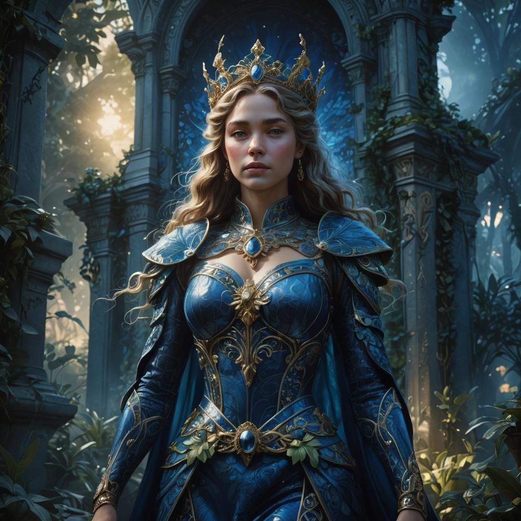 Art Nouveau Queen in Blue with Lush Greenery