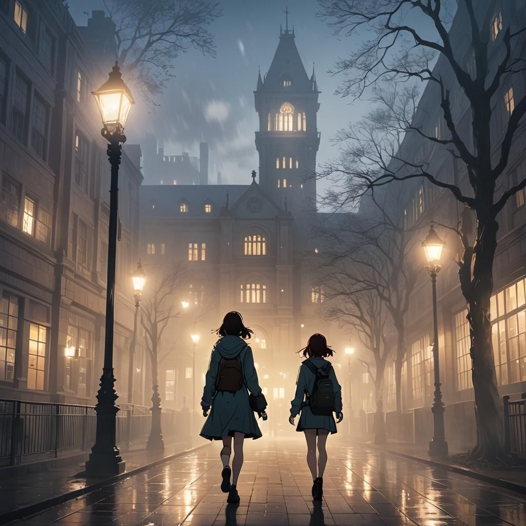 Anime Style: Young Woman at University Library