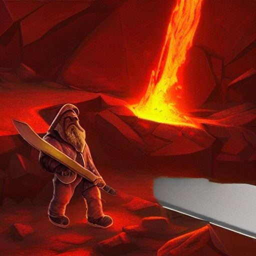 Dwarf Blacksmith Forging Nether Blade in Lava Forge