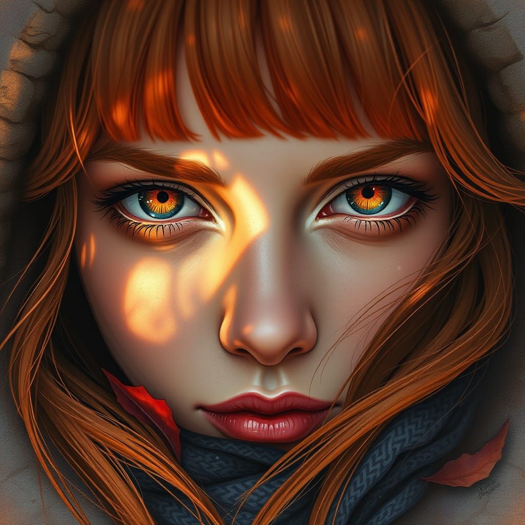 Ethereal Ginger Goddess with Burning Eyes in Autumnal Wonder...
