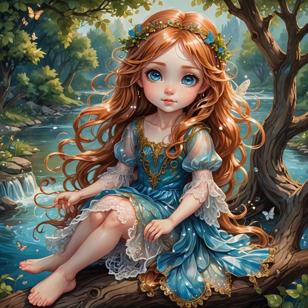 Chibi Copper-Haired Fairy in Tree: Digital Art