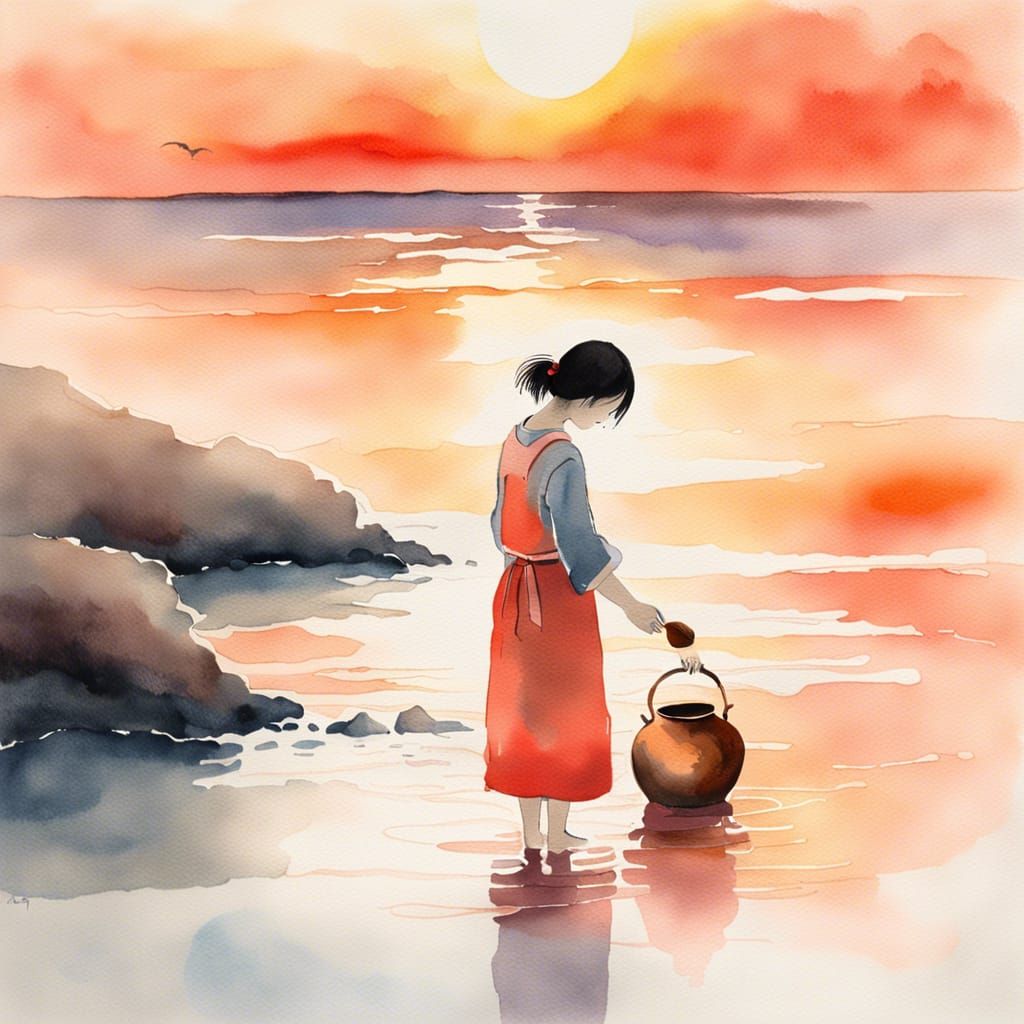 Dreamy Watercolour: Japanese Girl at Sunrise