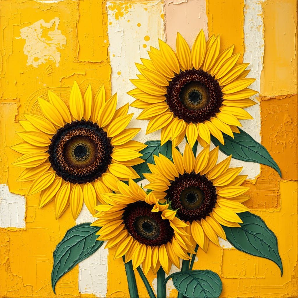 Abstract Sunflowers with Geometric Impasto Background