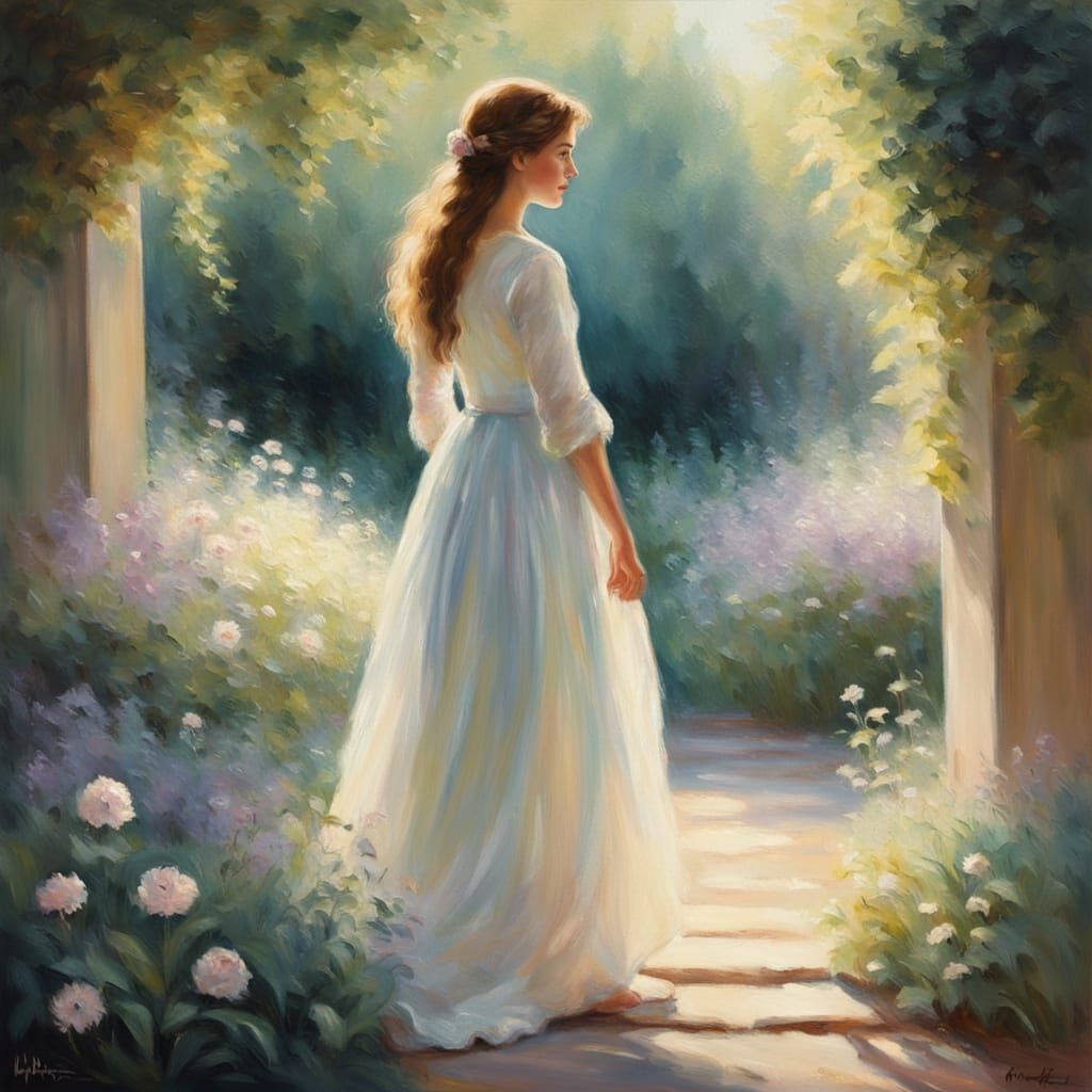 Ethereal Woman in Sunlit Garden Impressionist Oil Painting