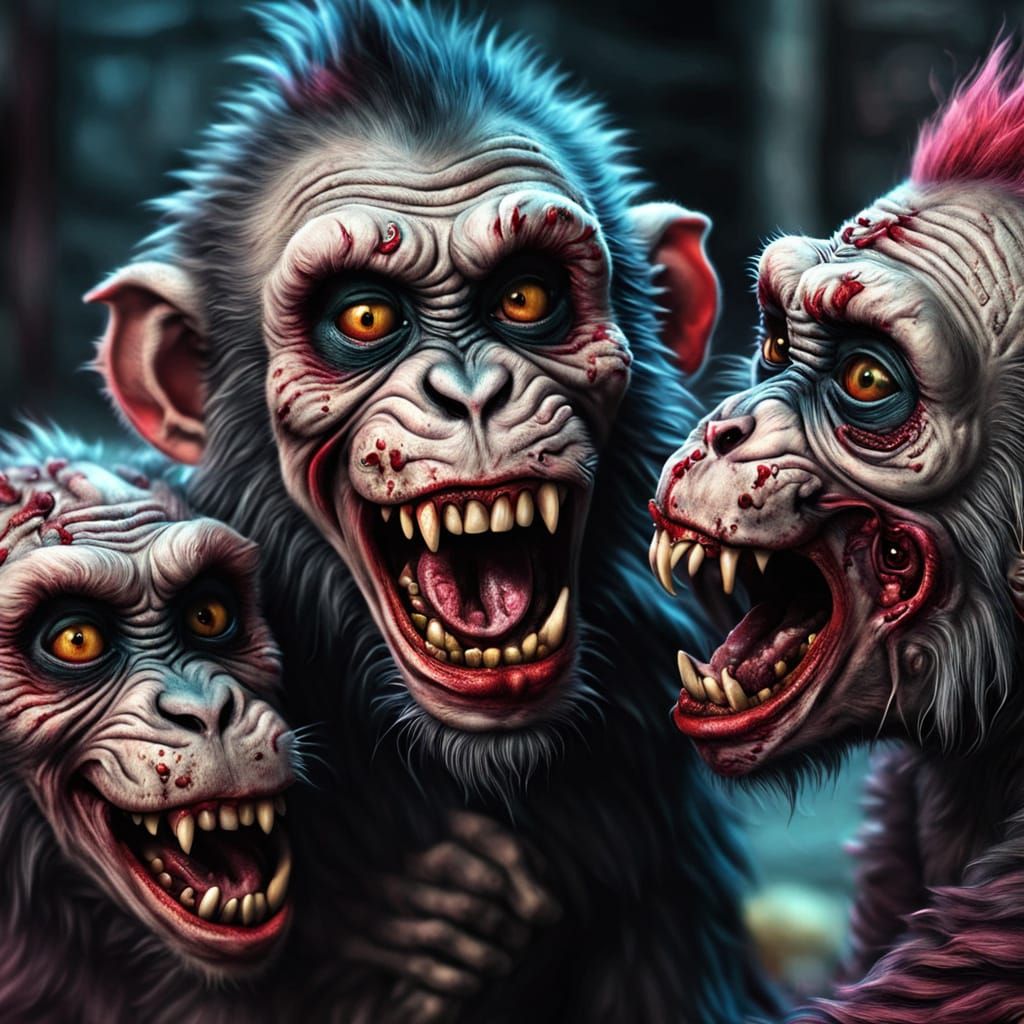 Zombie Monkey Clowns Play with Puppy: Digital Art