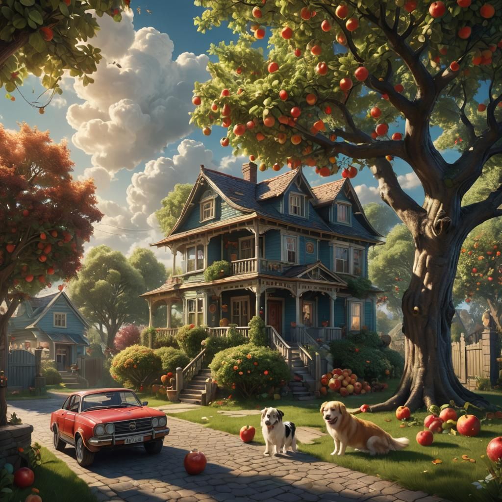 A tree with apples. A beautiful house. A big car. Children p...