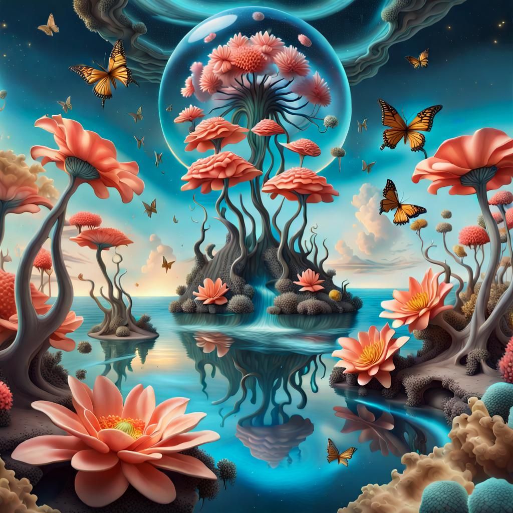 Surreal Floating Islands with Giant Flowers, Dali Style