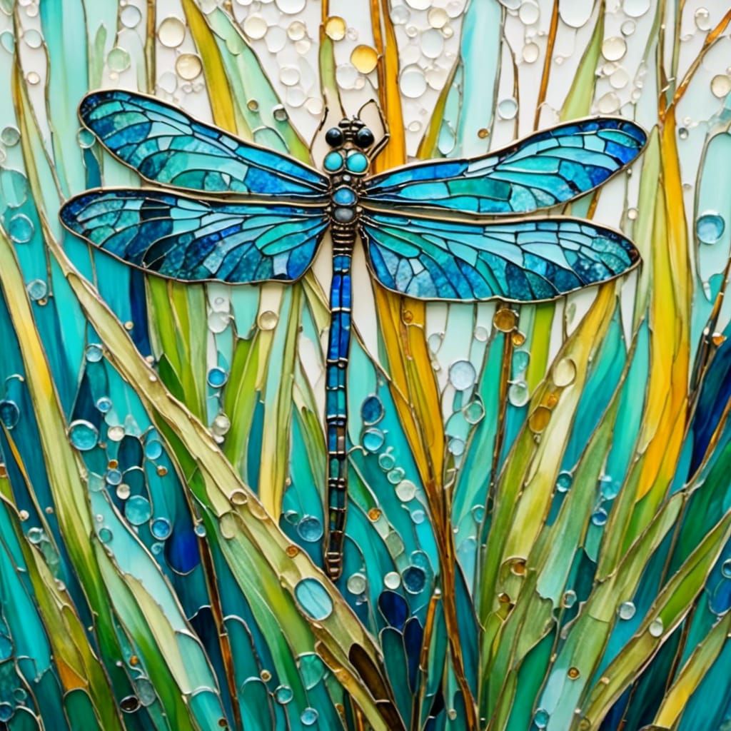 Dragonfly on Cattail in Stained Glass Style
