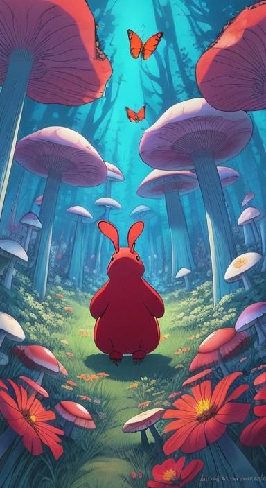 Enchanting Ink Drawing: Angel, Rabbit, and Mushroom Forest