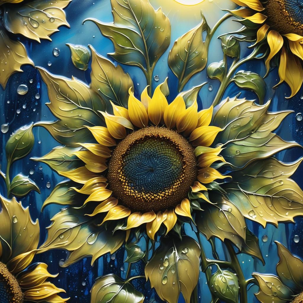 Ethereal Enamel Sunflower in Moonlit Setting