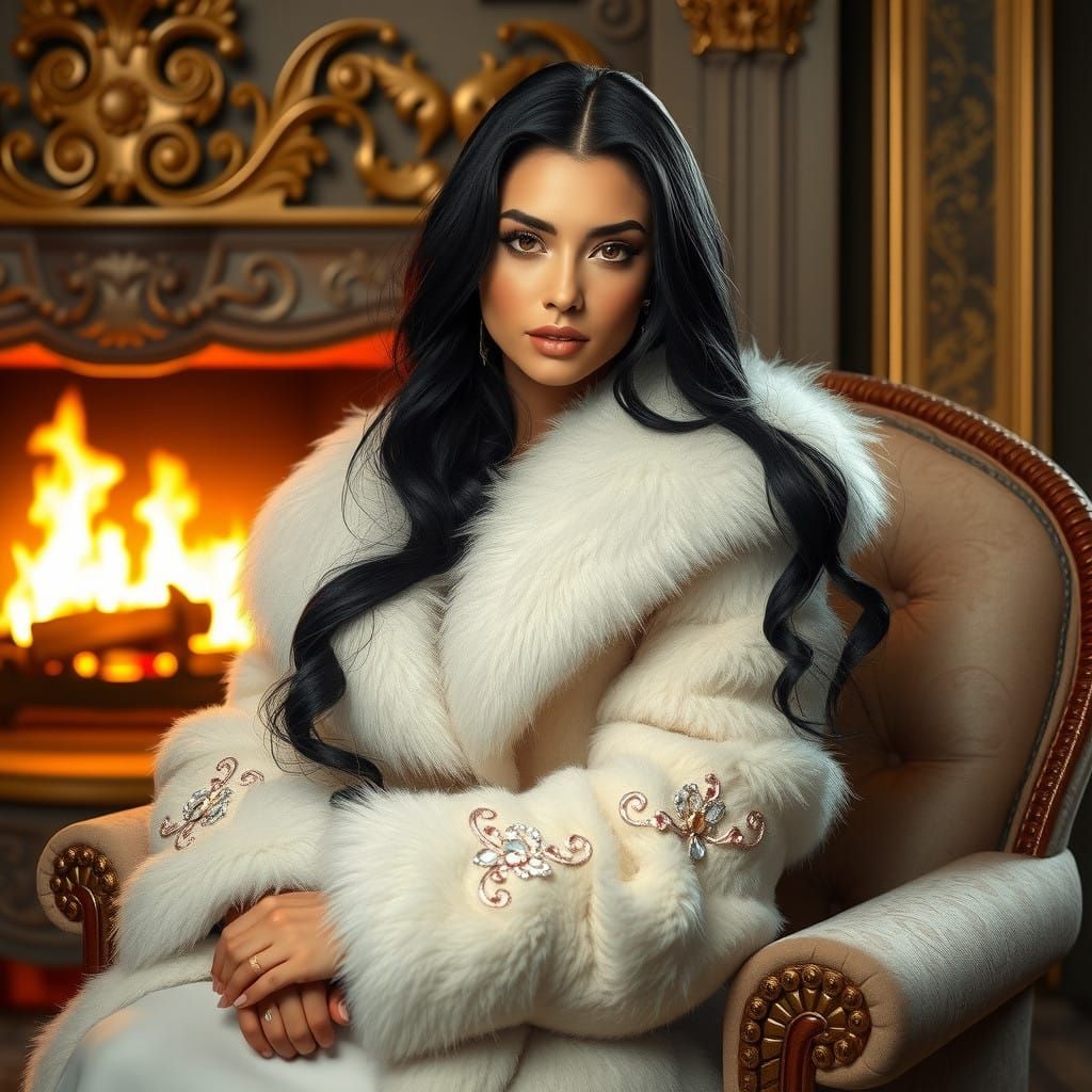 Luxurious Woman Lounges by Warm Fireplace