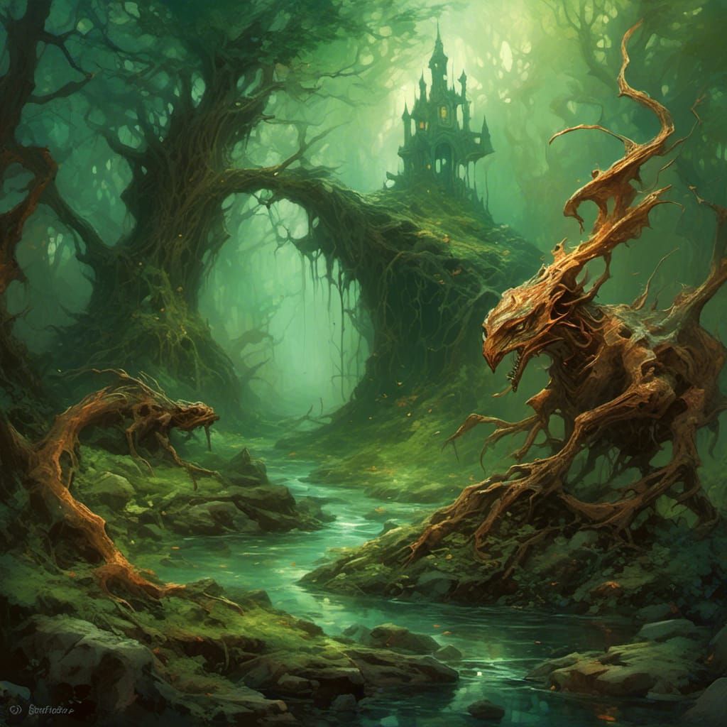 Surreal Shadows Dance in Green and Copper Hues