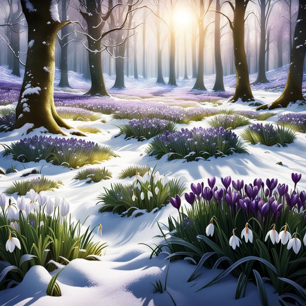 Sunlit Crocuses and Snowdrops in Snowy Meadow