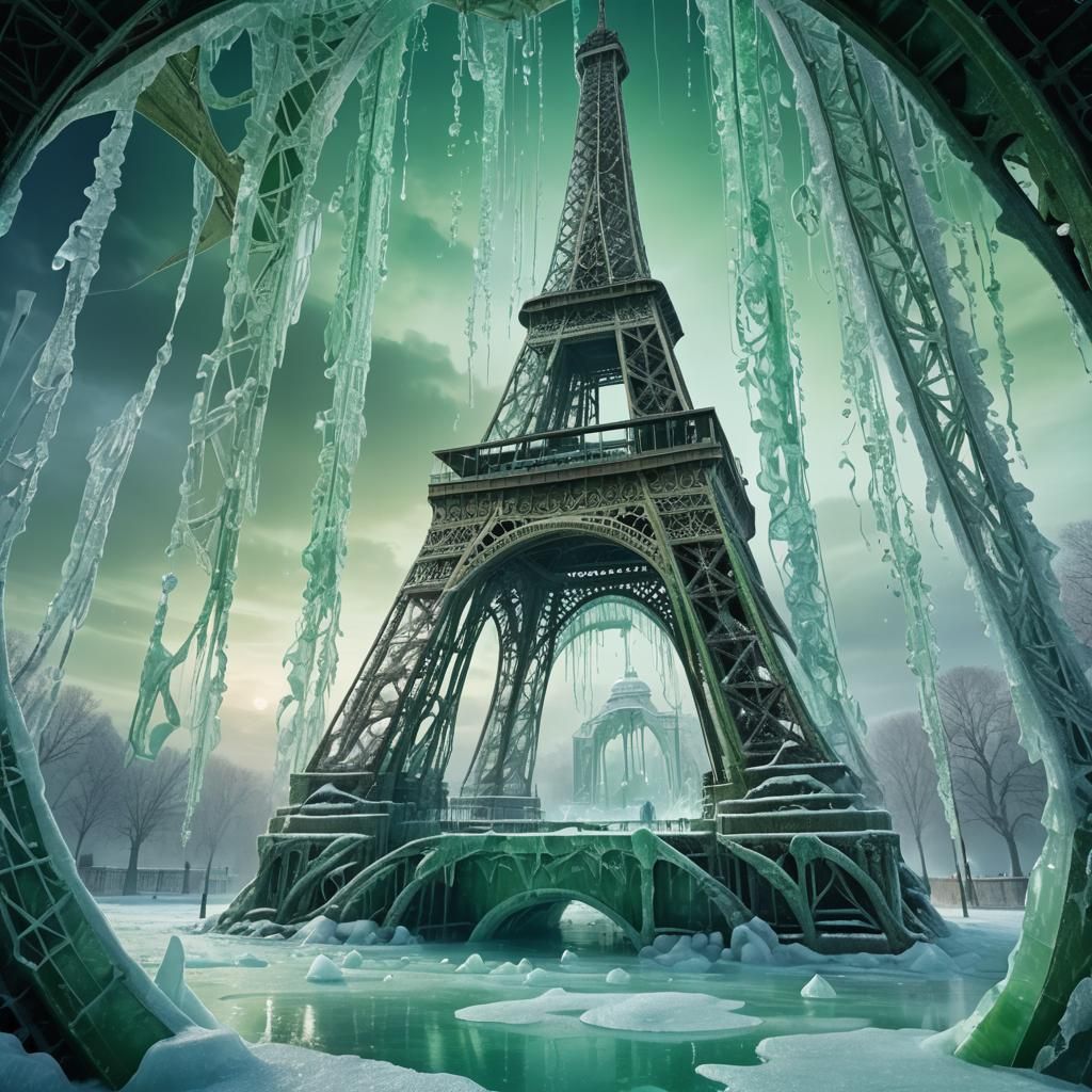 Eiffel Tower Upside Down on Frozen Alien Planet