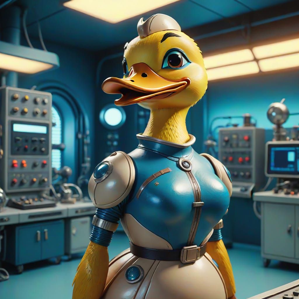 Curvy Duck in Sci-Fi Lab, Claymation Style