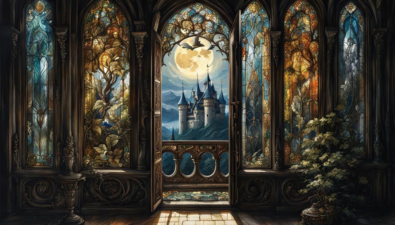 Winged Figure Shadow on Medieval Balcony Door