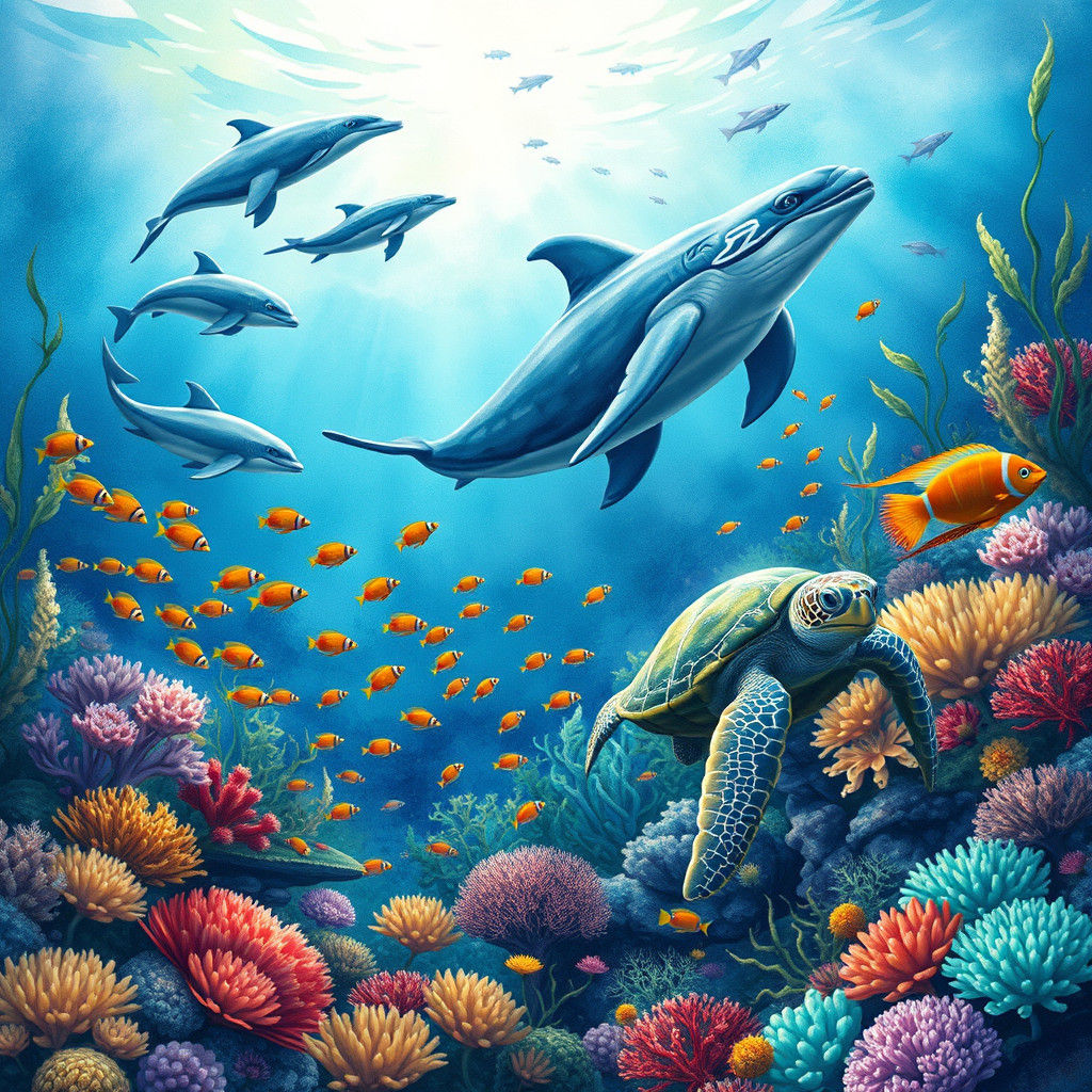 Ocean Scene with Marine Life in Watercolor Style