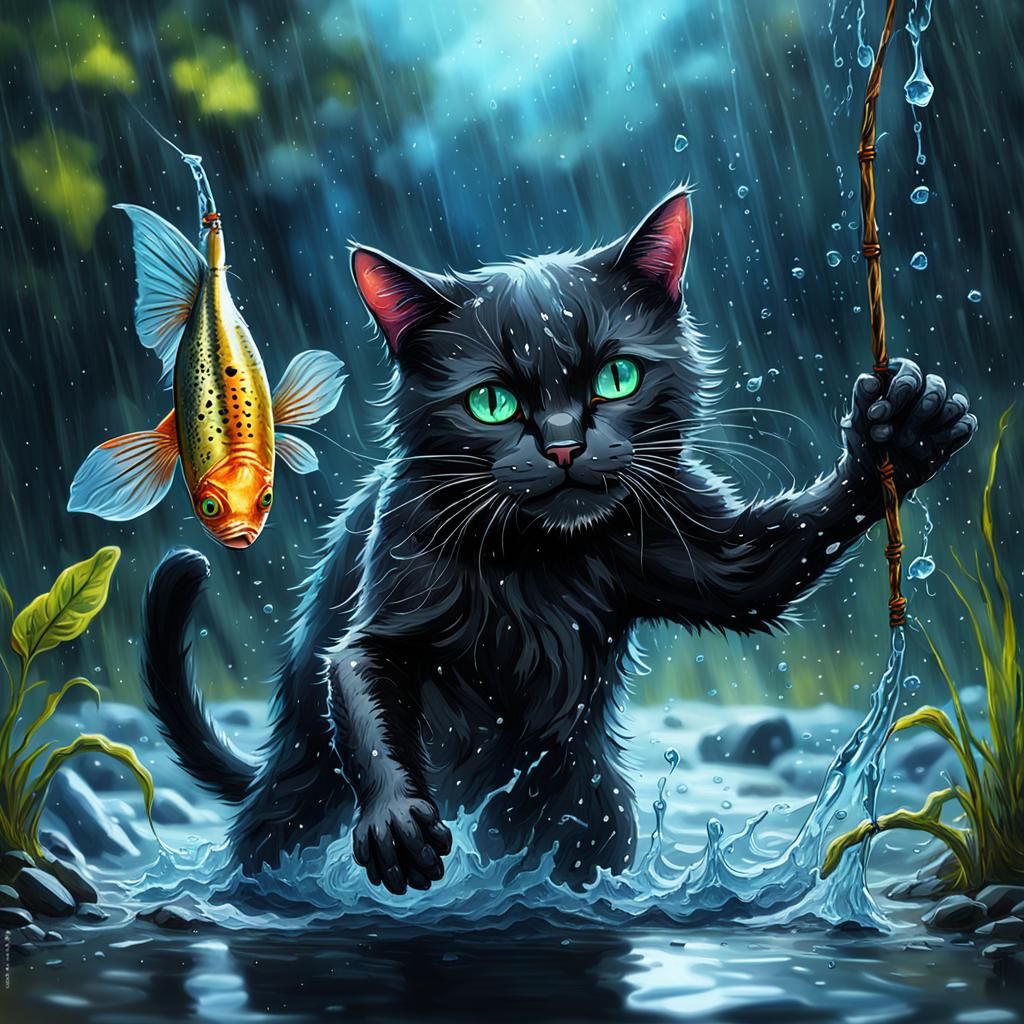 Black Cat Fishing in Rain, Impasto Style