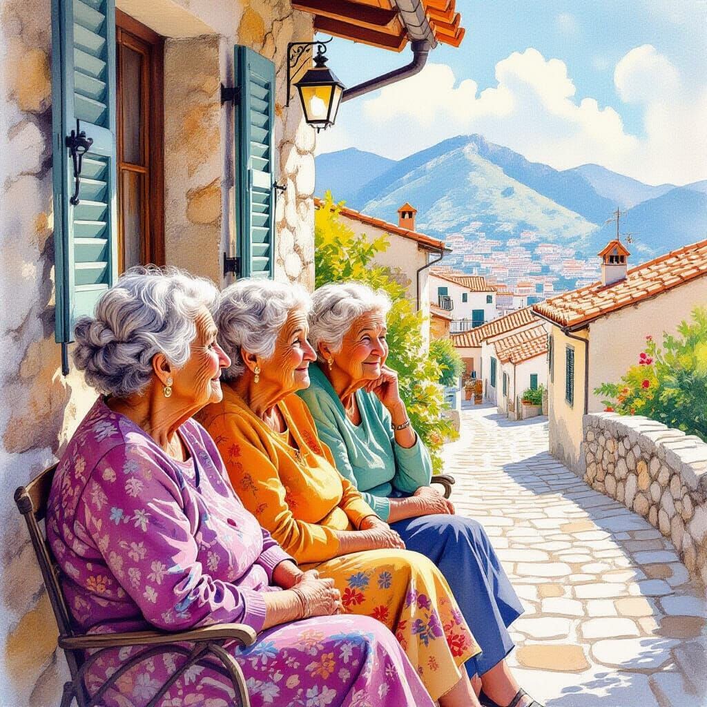 Elderly Italian Women on Scala Verandah in Watercolor Style