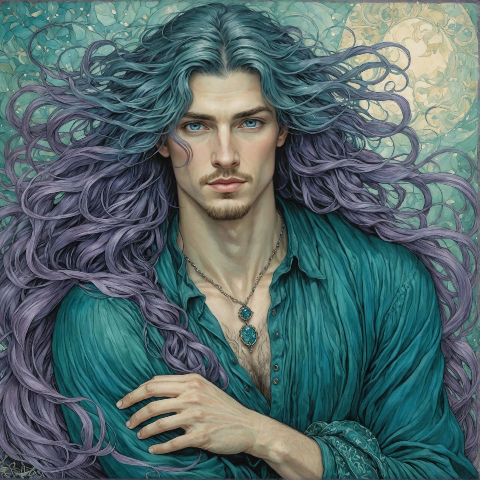 Ethereal Long-Haired Male Figure in Teal and Lilac