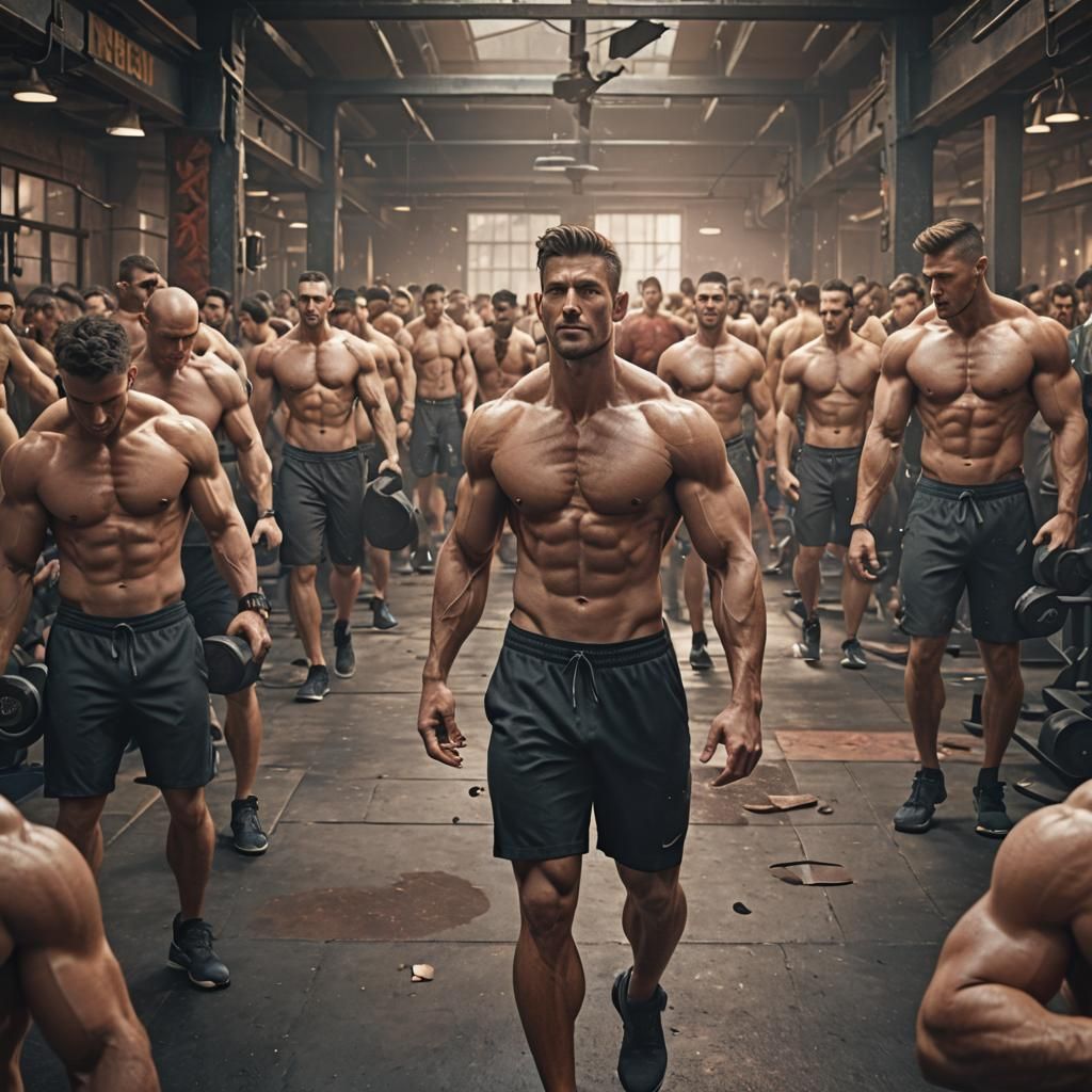 Muscular Men in Crowded Gym: Matte Painting
